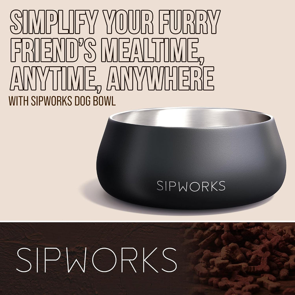 Sipworks Stainless Steel Dog Bowl – 32oz Weighted Metal Food and Water Bowls for Dogs and Cats with Non-Slip Base - Pet Bowls for All Breeds Sizes for Travel & Outdoor Play - Steel