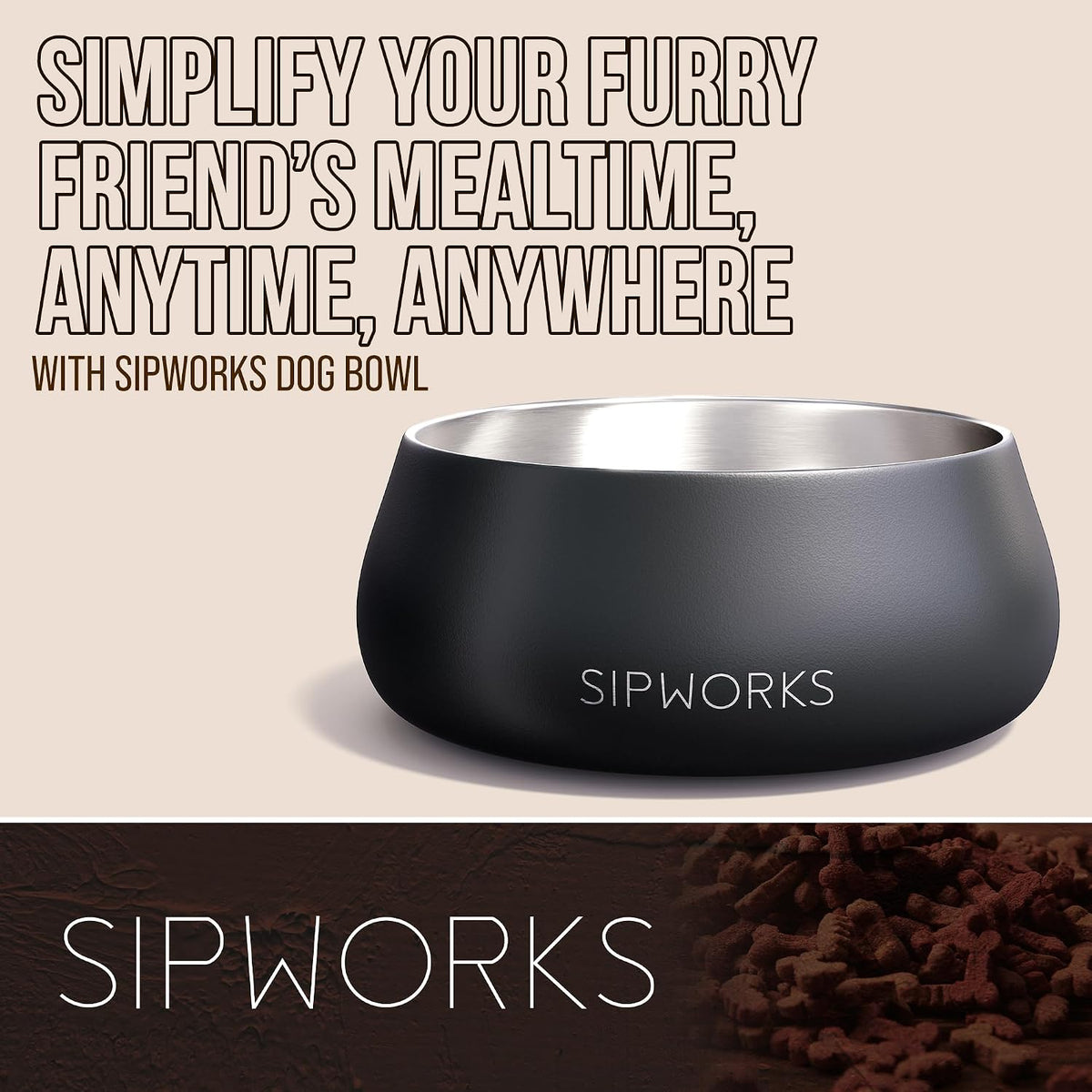 Sipworks Stainless Steel Dog Bowl – 32oz Weighted Metal Food and Water Bowls for Dogs and Cats with Non-Slip Base - Pet Bowls for All Breeds Sizes for Travel & Outdoor Play - Steel