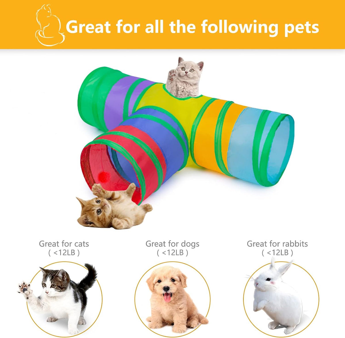 Cat Tunnel, Collapsible Tube with 1 Play Ball Kitty Toys, 3 Ways Cat Tunnels for Indoor Cats, Puppy, Kitty, Kitten, Rabbit (Rainbow)