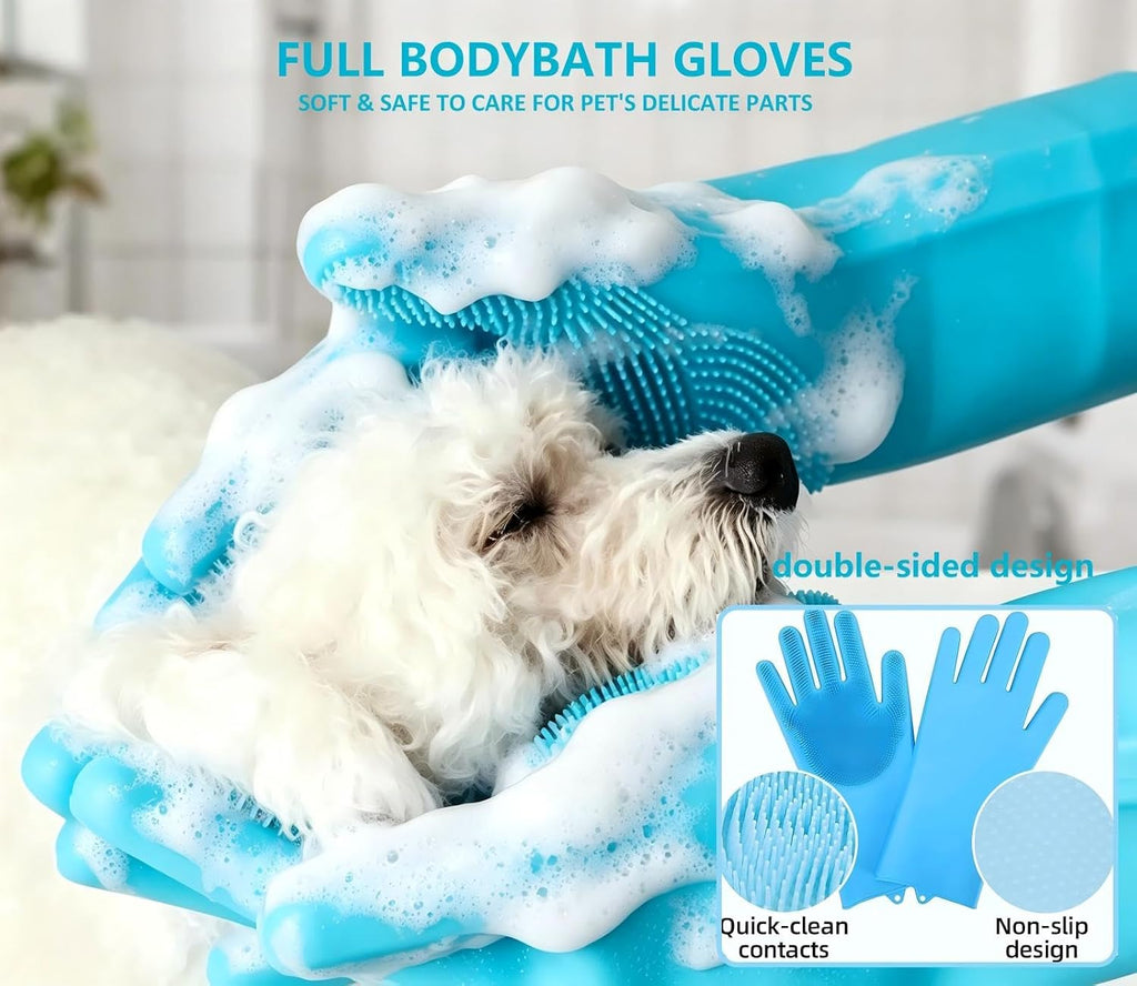 Dog Bath Glove Brush Set, 2PCS Silicone Pet Bathing Gloves with Shampoo Dispenser Scrub Brush, Gentle Massage & Hair Removal Grooming Tool for Dogs Cats Puppy Shower