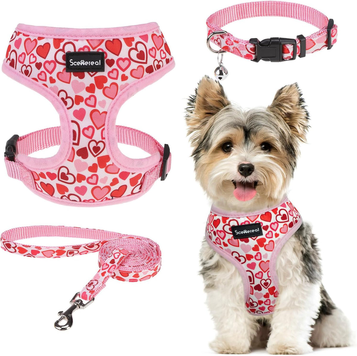 SCENEREAL Small Dog Harness and Leash Set, Valentines Pink, S