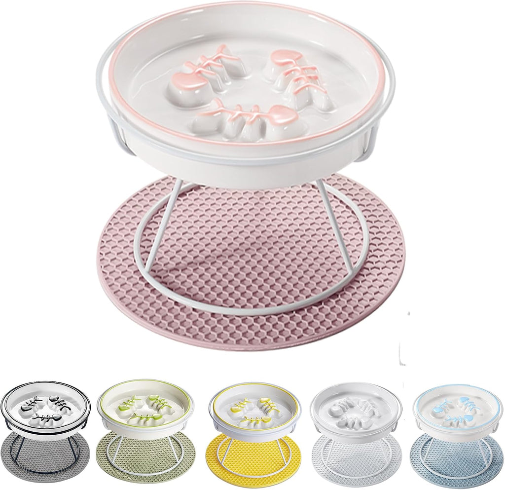 Ceramic Elevated Slow Feeder Cat Bowl, Anti Vomit, Removable Dish Pink