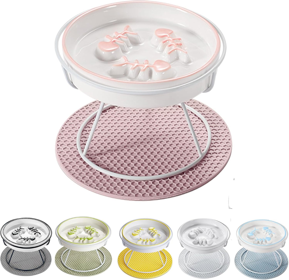 Ceramic Elevated Slow Feeder Cat Bowl, Anti Vomit, Removable Dish Pink