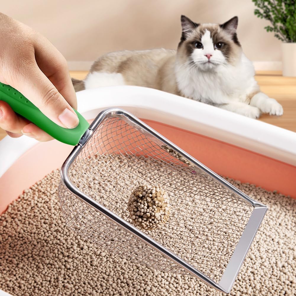 Metal Cat Litter Scoop,Sturdy Litter Cleaner Corner Shovel,Stainless Steel Mesh Litter Shovel,Easy to Clean Reptile Terrarium Sand Waste(Green)-Christmas