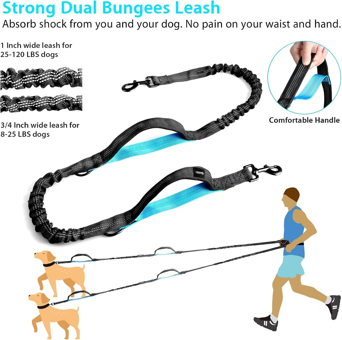 Uppetly Hands Free Dog Running Leash with Adjustable Waist Belt, Dual Handle Elastic Bungees Retractable Rope for Small and Medium Dogs, Reflective Stitches for Walking Hiking Biking (Medium, 8-25lb)