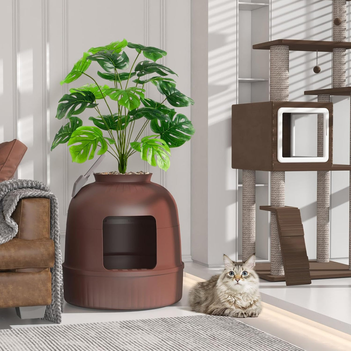 Lifewit Hidden Plant Cat Litter Box with Plastic Scoop, Brown | Extra Large Enclosure Litter Tray with Carbon Filter& Odor Control, Aesthetic Cats Stuff for Living Room, Bathroom, Corner