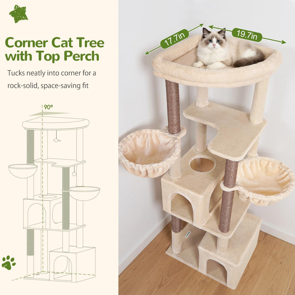 Globlazer C64 Heavy Duty Corner Cat Tree, 64in Large Cat Tower, Beige