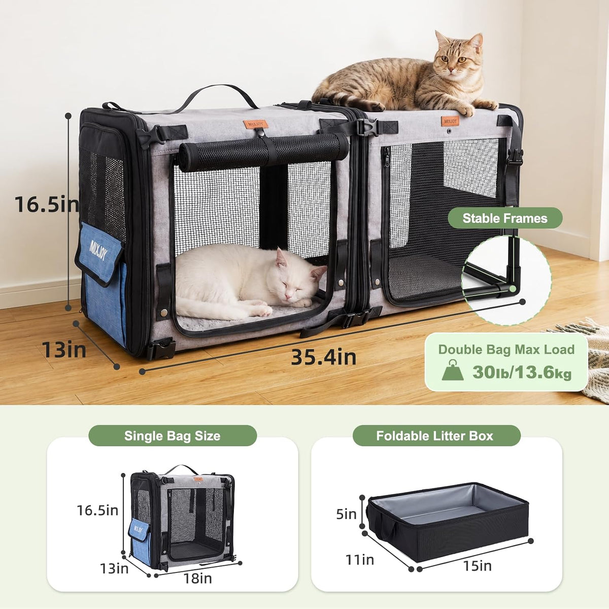 MIXJOY Large Cat Carrier for 2 Cats,2-in-1 Dual Cat Carrier with Litter Box
