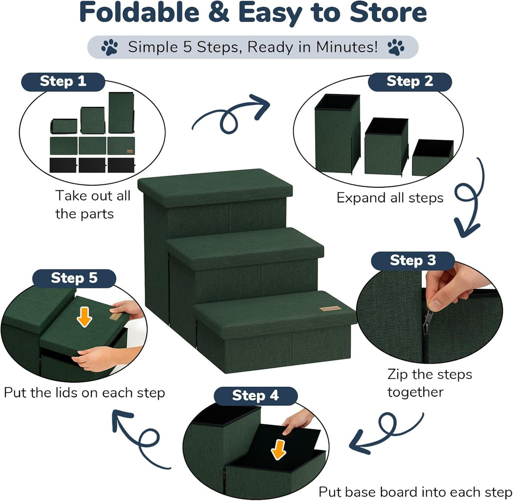 3-Step Wide Dog Stairs with Hidden Storage 18" H, Non-Slip Dog Steps for High Bed Couch Window Car, Jiont-Friendly Pet Stairs Ramp for Small/Medium/Large Old Dogs Cats Up to 200lbs, Dark Green
