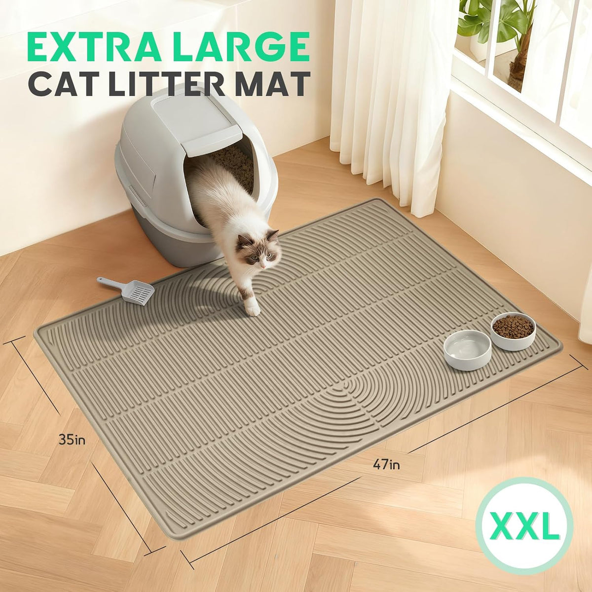 Pawtasy Cat Litter Mat,47" x 35" Extra Large Silicone Waterproof Litter Trapping Mat for Scatter Control Soft on Kitty Paws Non-Slip Easy to Clean