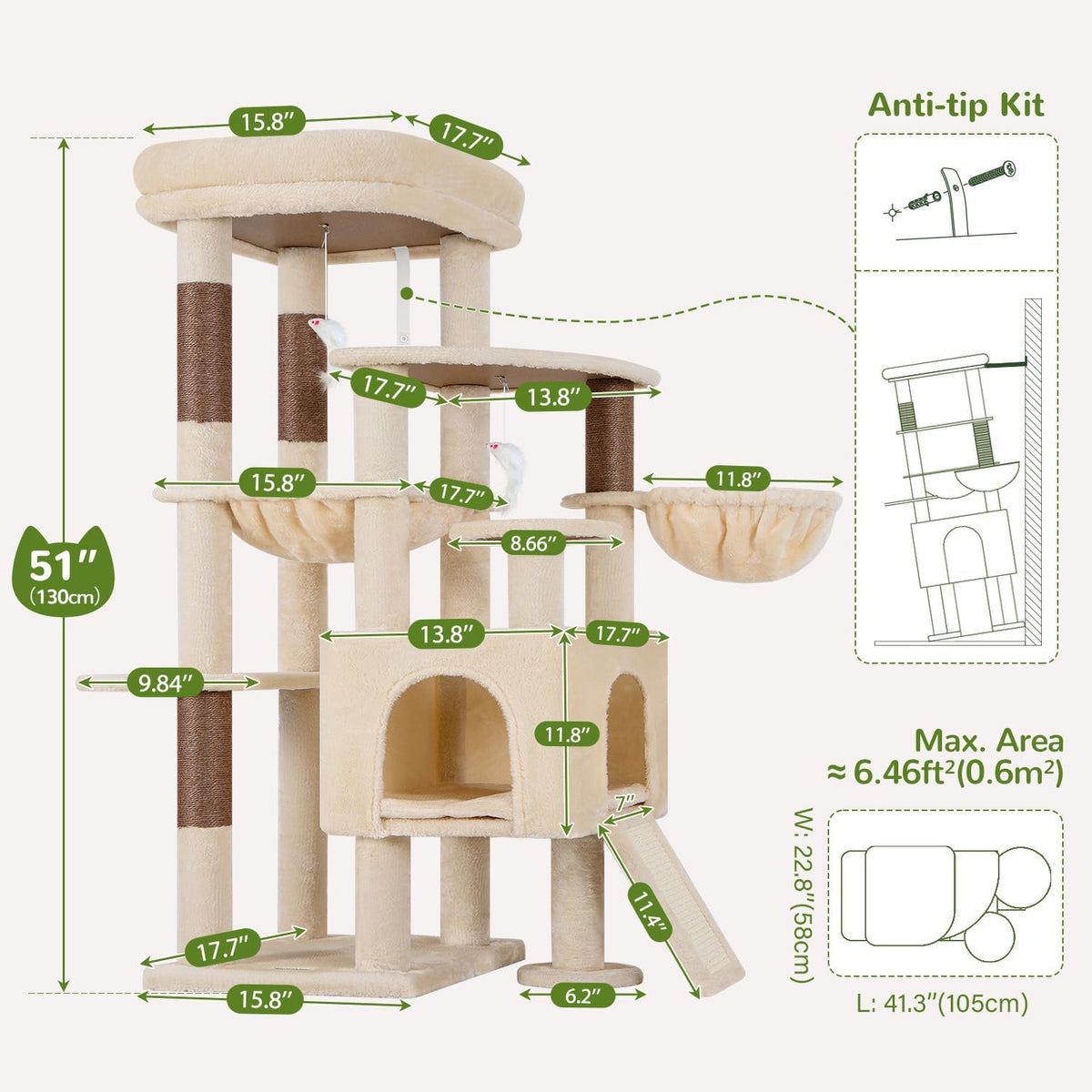 Globlazer S51 Sturdy Cat Tree Tower with Scratching Posts, Beige