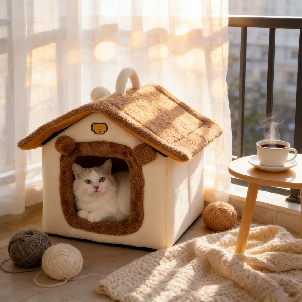 Cat Bed for Indoor Cats, Cartoon Pattern Cat Cave Bed with Handle Design, Soft Cat Hideaway Indoor, Lovely Cat House for Kitten, Puppy & Small Pets(L)