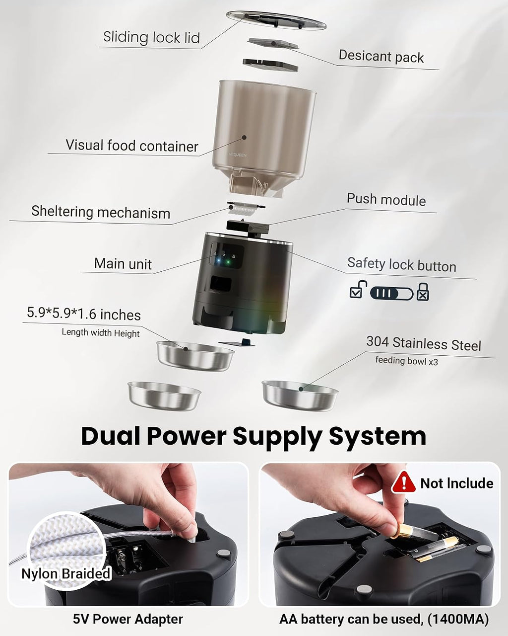 Automatic Cat Feeder for 3 Cats with WiFi Control, Anti-Jam System, 6L