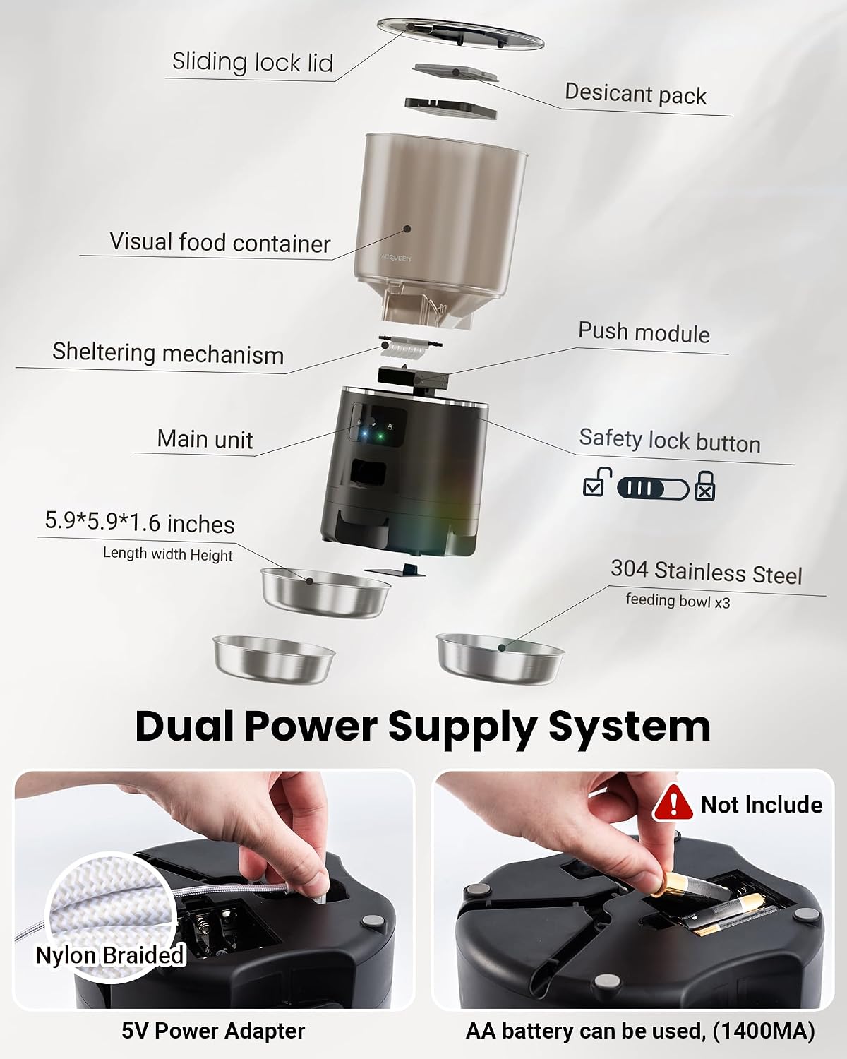 Automatic Cat Feeder for 3 Cats with WiFi Control, Anti-Jam System, 6L