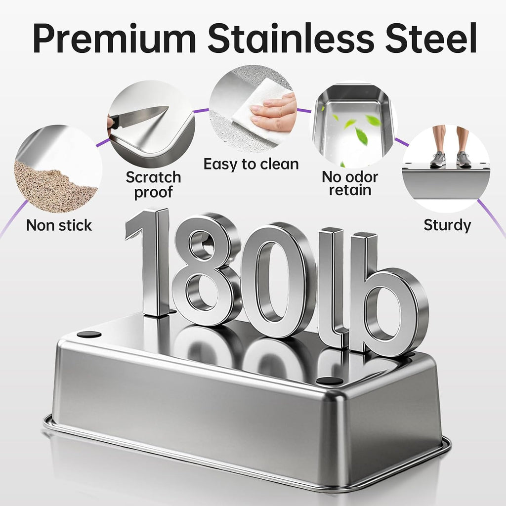 High-Sided Stainless Steel XL Cat Litter Box for Cats | High-sided design prevents urine leakage. Non-stick and easy to clean. Includes scoop (Gray)