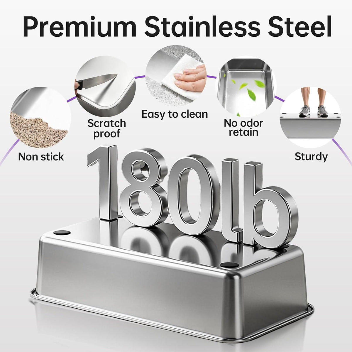 High-Sided Stainless Steel XL Cat Litter Box for Cats | High-sided design prevents urine leakage. Non-stick and easy to clean. Includes scoop (Gray)