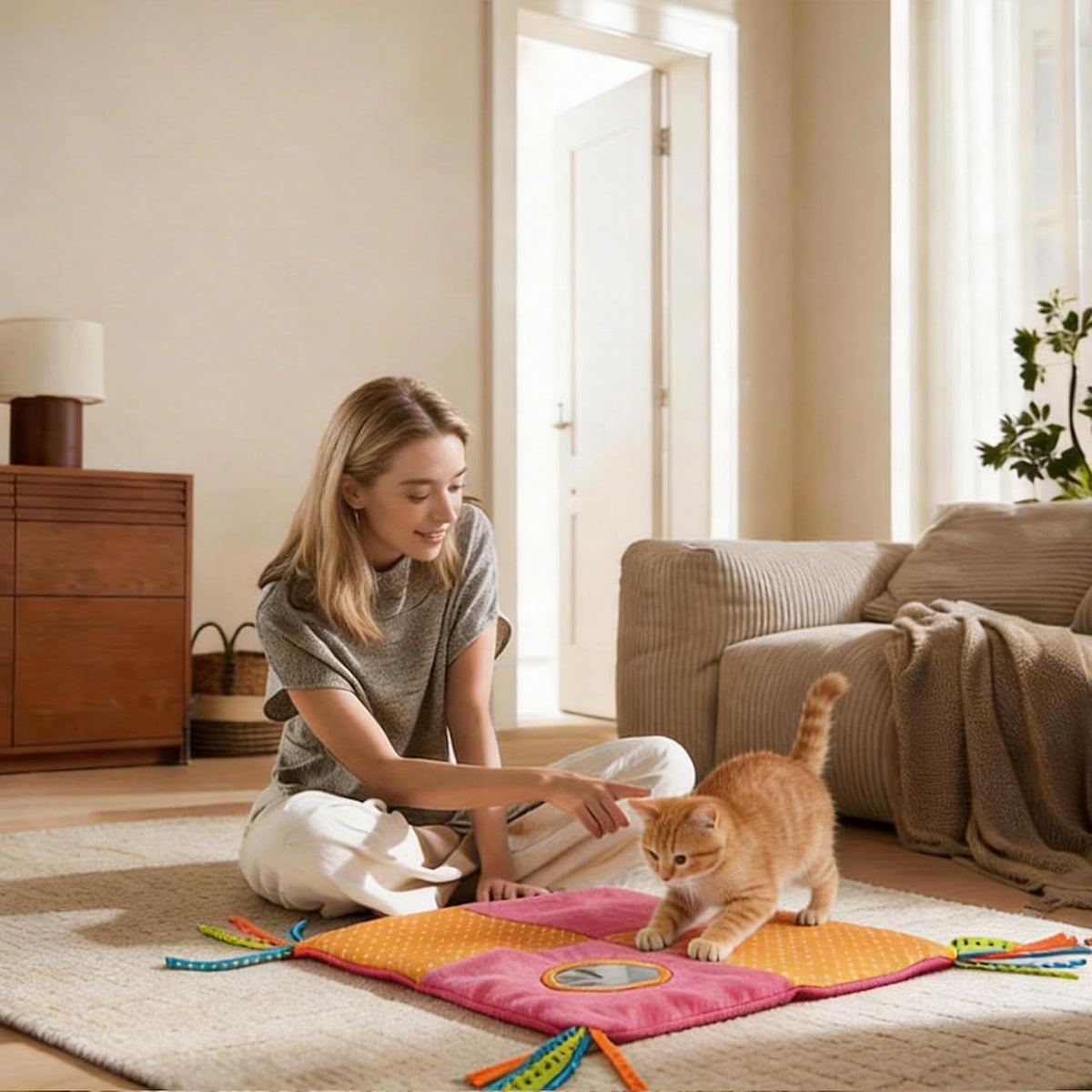 PAWISE Kitten Litter Box, 14.3"x10.8"x6.3" Small Cat Litter Pan,Open Top Travel Litter Box with Scoop, Low Entry and Play Mat, Anti-Splash Cover(Blue+Yellow)