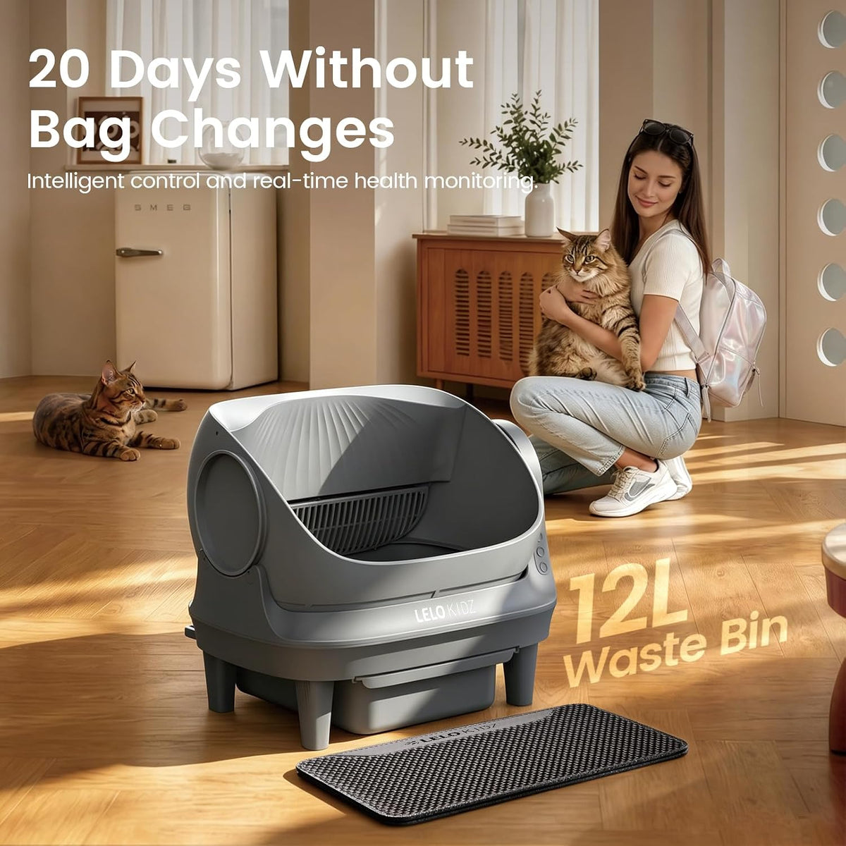 Self Cleaning Litter Box, Open Top 105L Automatic Litter Box for Multiple Cats, App Control, Safety Sensor, Anti-Pinch, Includes Mat & Liner - Gray