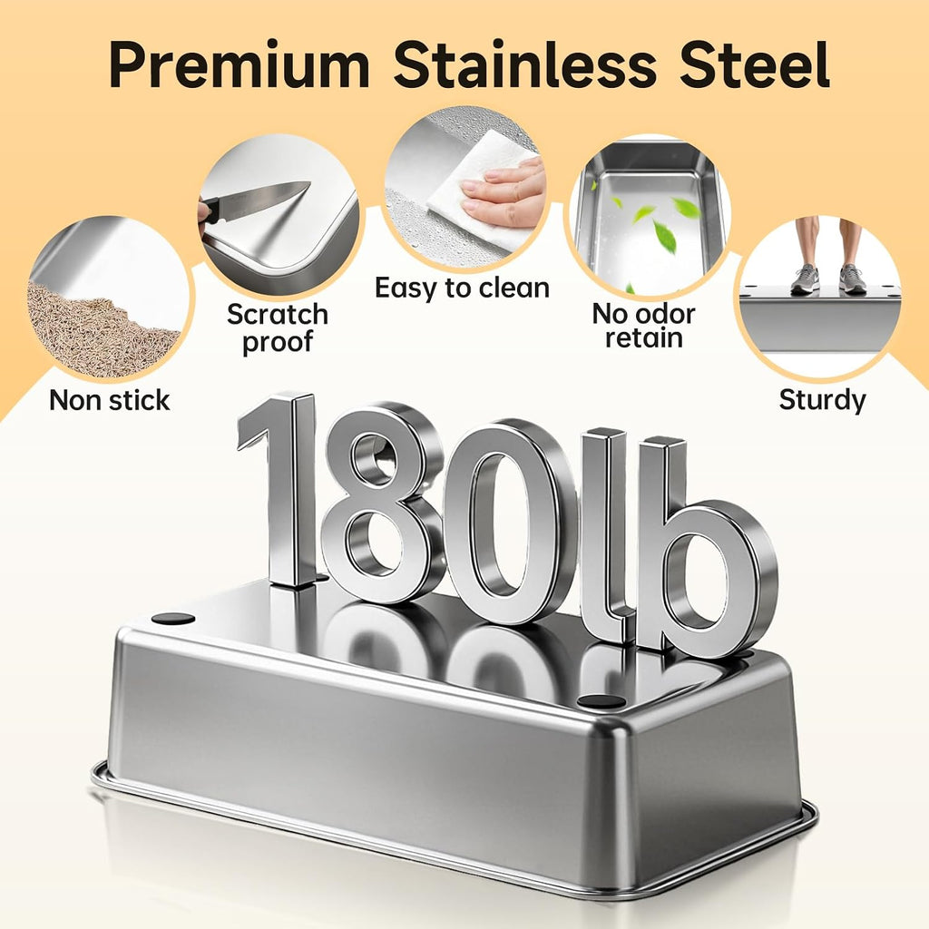 High-Sided Stainless Steel XL Cat Litter Box for Cats | Open Top, Front Entry, Non-Stick & Leak-Proof, Odor Free, Scoop Included, Anti-Urine Leakage