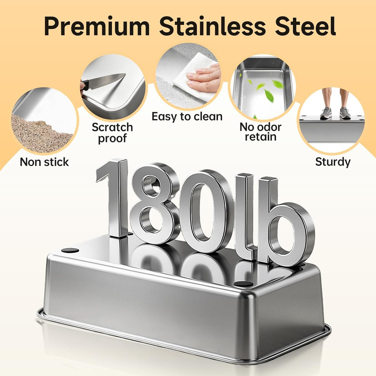 High-Sided Stainless Steel XL Cat Litter Box for Cats | Open Top, Front Entry, Non-Stick & Leak-Proof, Odor Free, Scoop Included, Anti-Urine Leakage
