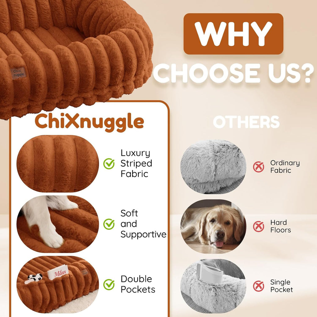 ChiXnuggle Orthopedic Human Dog Bed,Striped Faux Fur Washable Cover,Blanket