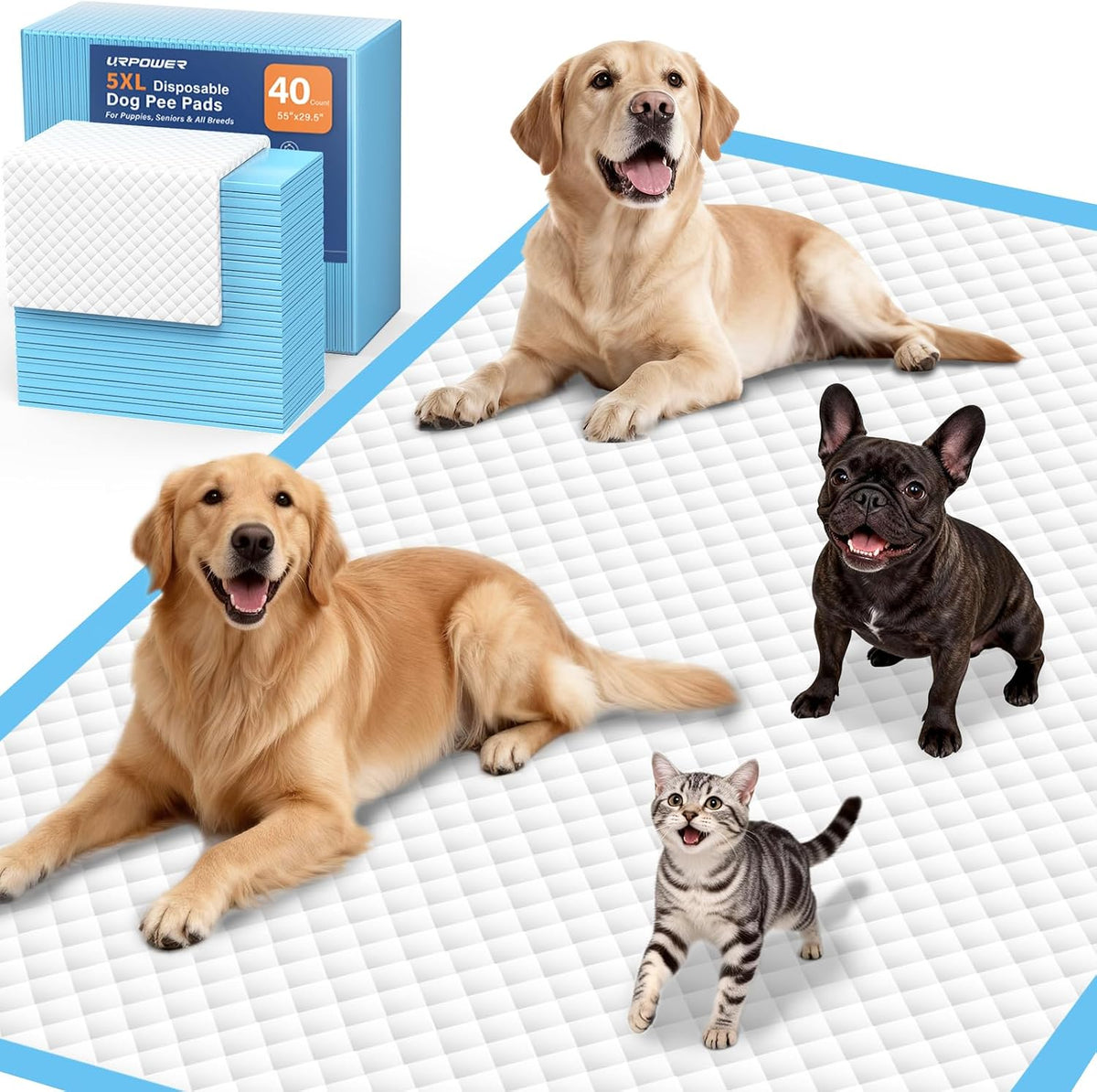 URPOWER Extra Large Dog Pee Pads 55" x 29.5", 5XL Puppy Pads, 40 Count | Oversized Coverage, Holds Up to 12 Cups, Leak-Proof, 6-Layer Protection, Disposable, Puppy Training, Incontinence Care