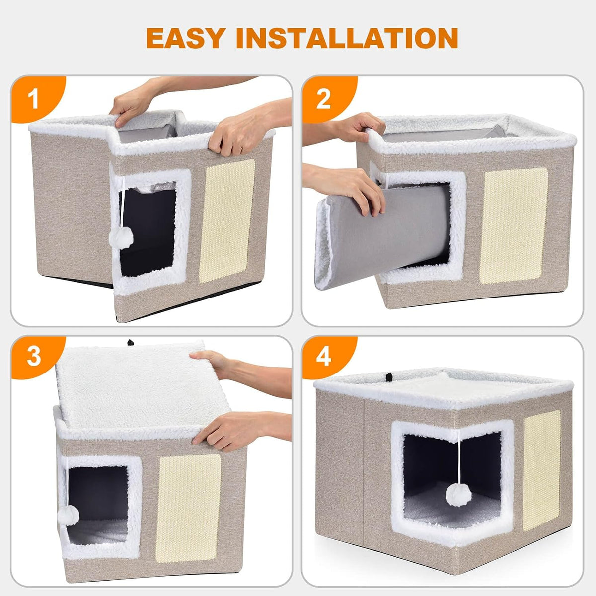 petizer Cat Bed for Indoor Cats, Large Covered Cat House with Scratch Pad, Foldable Cat Cave Bed & Hideaway Cube with Reversible Cushions, Cute Cat Condo for Multi Small Pet Kitten (Khaki)