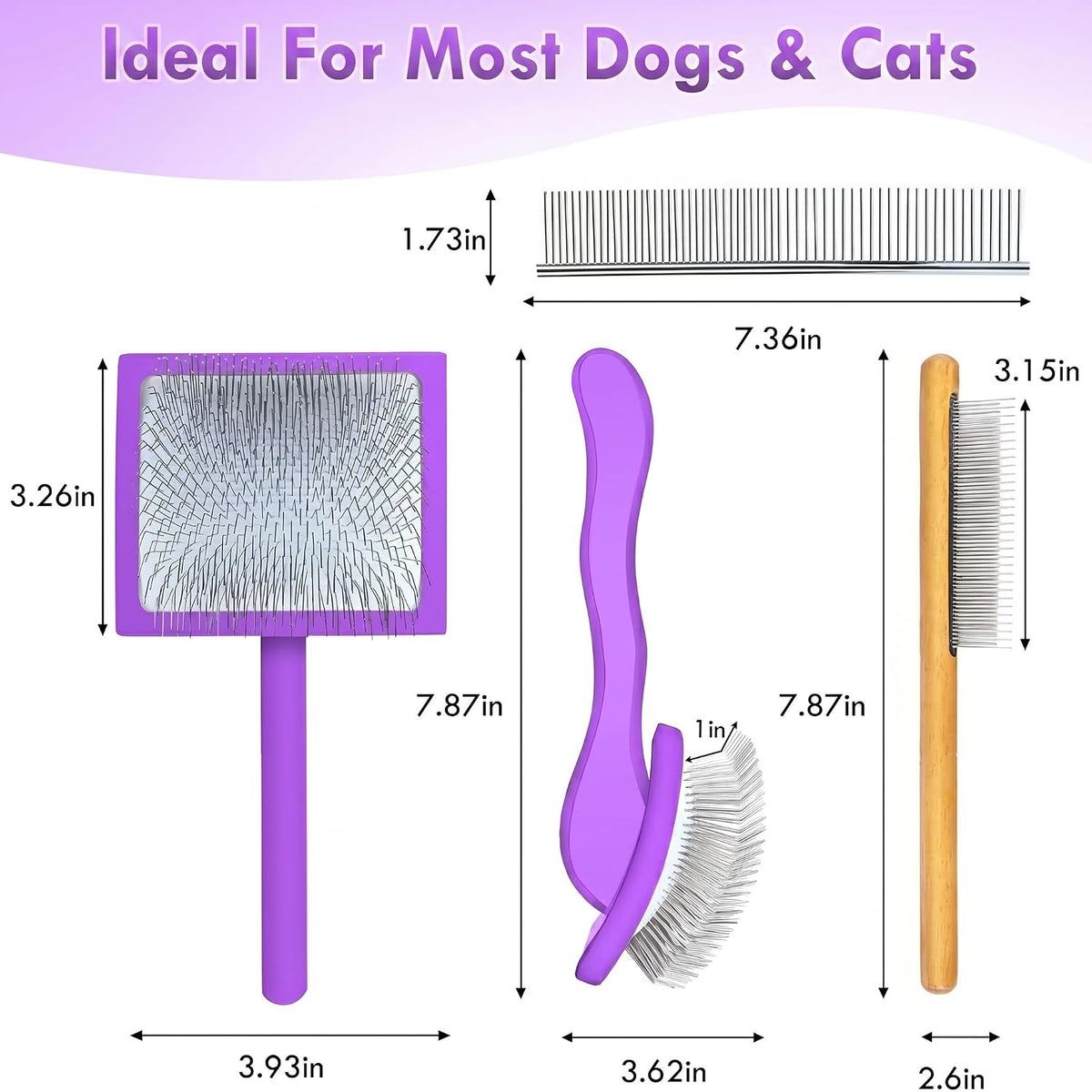 OZYGIFT 3-in-1 Long Pin Slicker Brush Set, Pet Grooming Kit, Purple