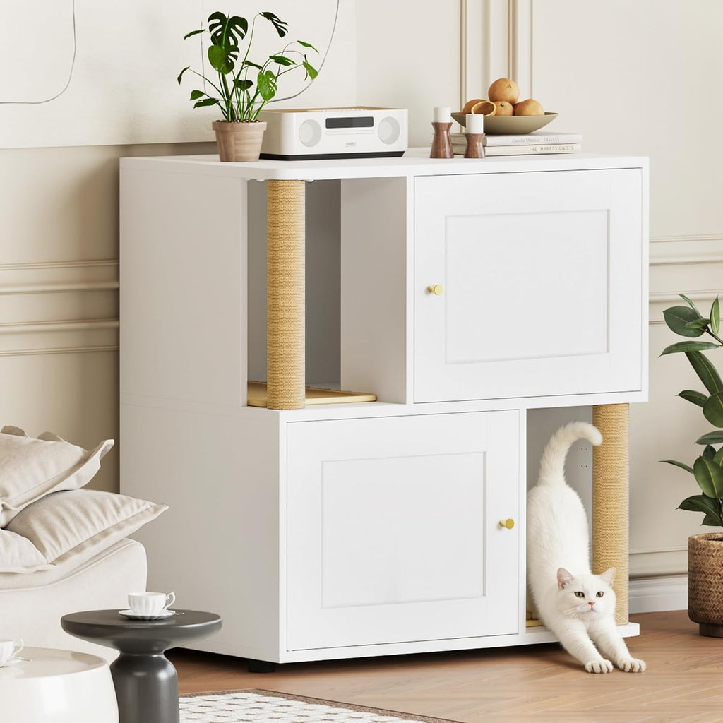 Double Cat Litter Box Enclosure, Litter Box Cabinet for 2 Cats, Hidden Cat Litter Box Furniture, Dog-Proof Litter Box Enclosure with Cats Scratching Post, Suitable for Most Litter Boxes