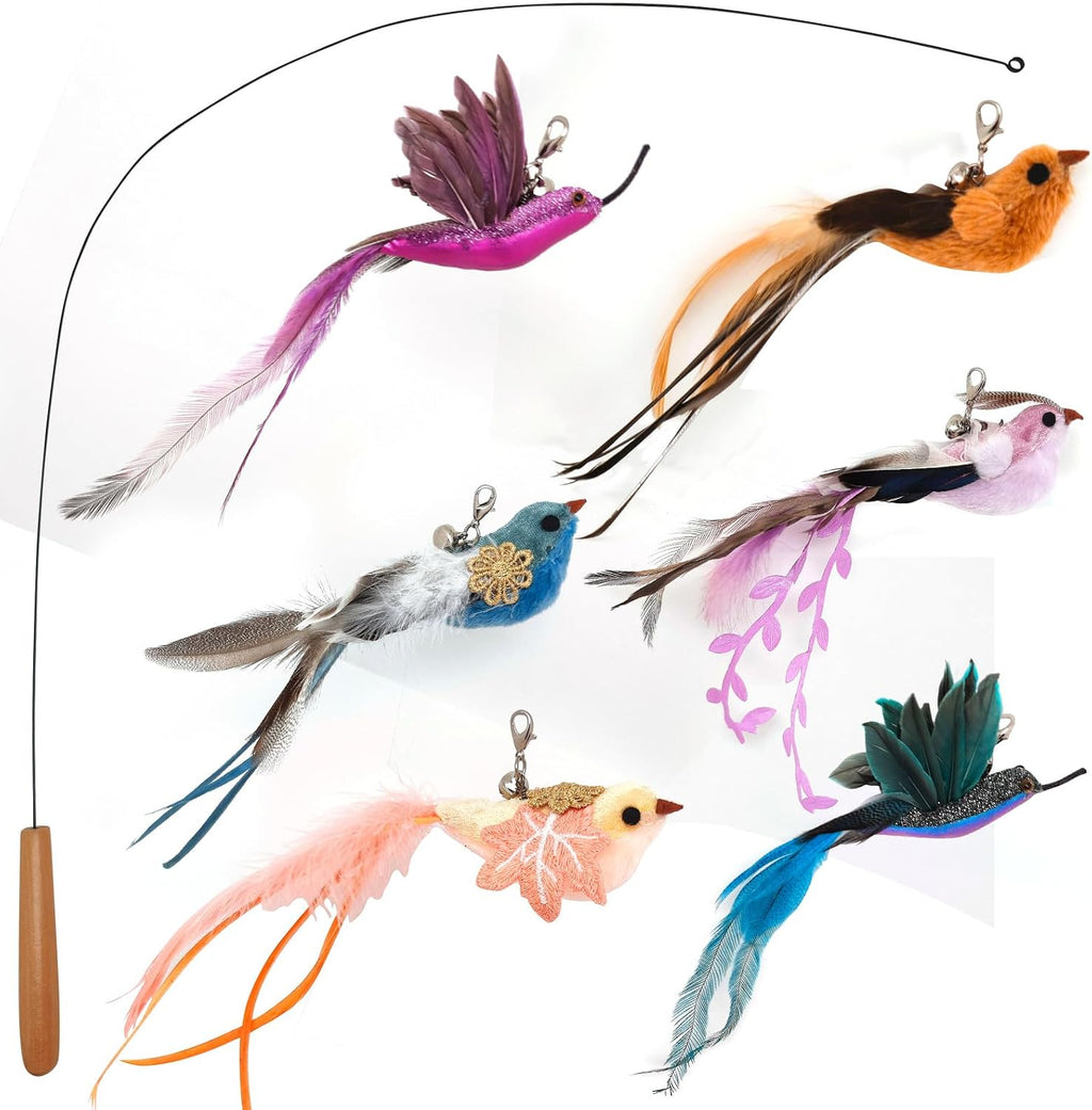 miwoowim 35" Steel Wire Cat Wand Toy & 6PCS Realistic Feather Bird Refills | Sturdy wooden handle for easy grip.Handcrafted birds with bells.Promotes active play, healthy exercise & bonding