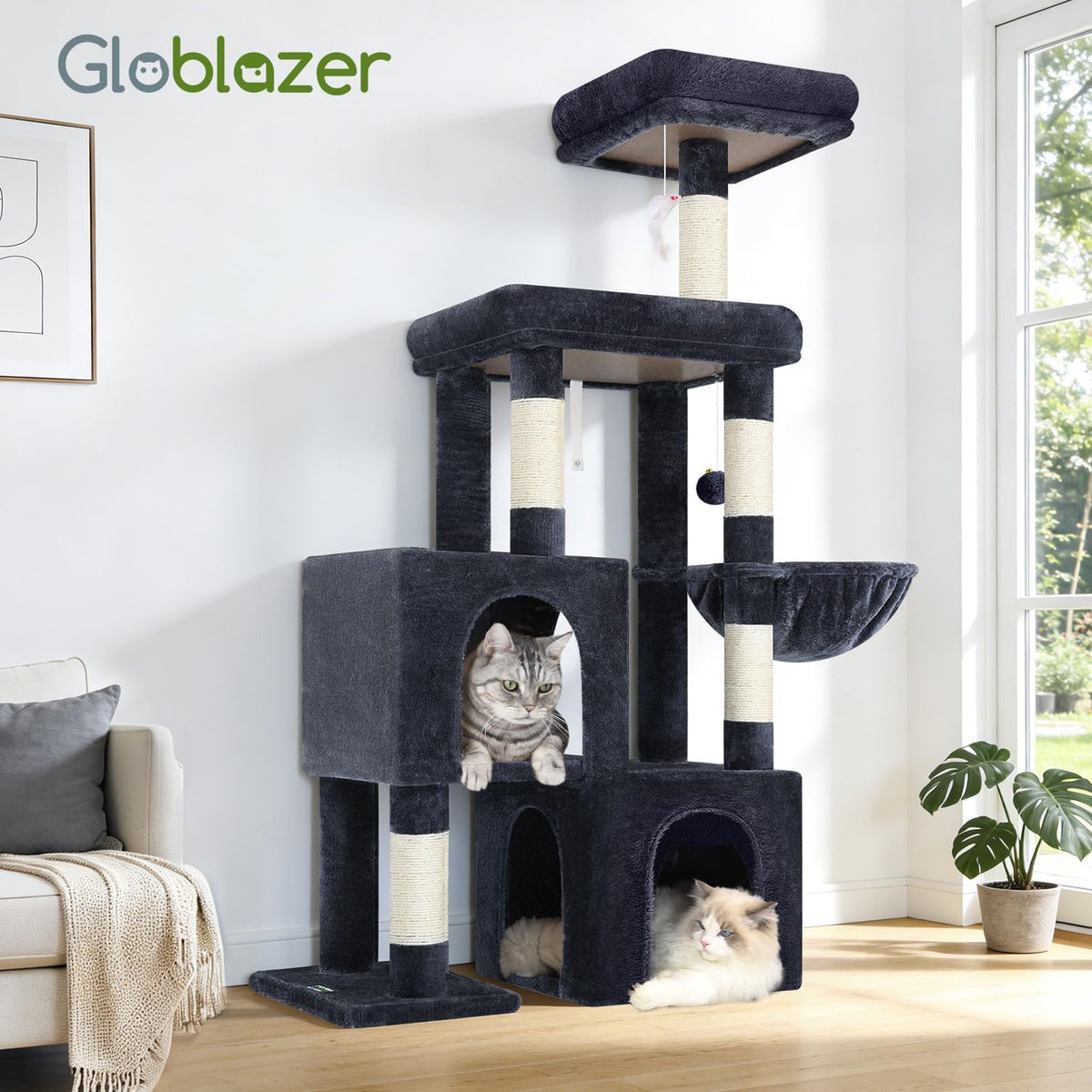 Globlazer 52in Cat Tree Tower for Indoor Cats, 2 Condos, S52, Dark Grey