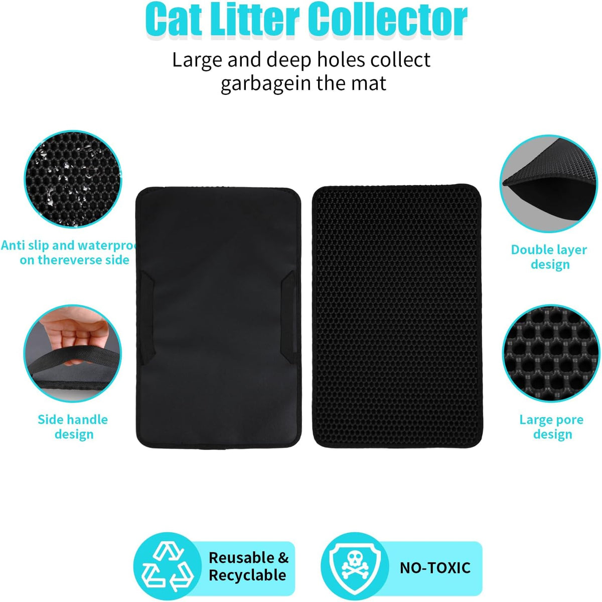 Cat Litter Mat 35"x24", Double Layer Waterproof Litterbox Mat, Black | Non-slip backing, washable for easy cleanup, traps stray litter with waterproof honeycomb large grid that is urine-proof