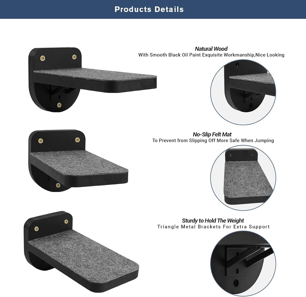ESPETS Set of 3 Black Cat Wall Climbing Steps, Wall Mount Floating Shelves