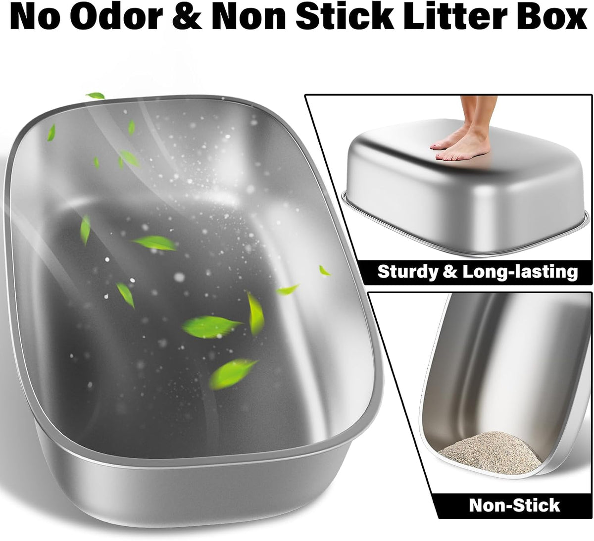 Stainless Steel Litter Box,Oval Metal Litter Box XL | 22.8“x16.5"x6", Extra Large Steel Cat Litter Box for Big Cats, Non Stick Surface, Easy to Clean