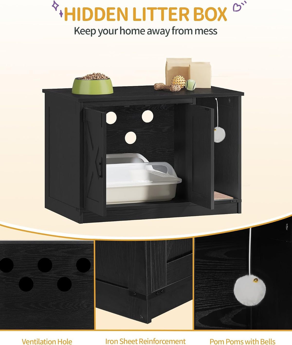 Hzuaneri Cat Litter Box Enclosure, Hidden Litter Box Cabinet Furniture | Indoor Cat House with Bell, Farmhouse Style, 31.5 x 19.7 x 20.9 Inches, for Hallway, Bedroom, Black CB82404X