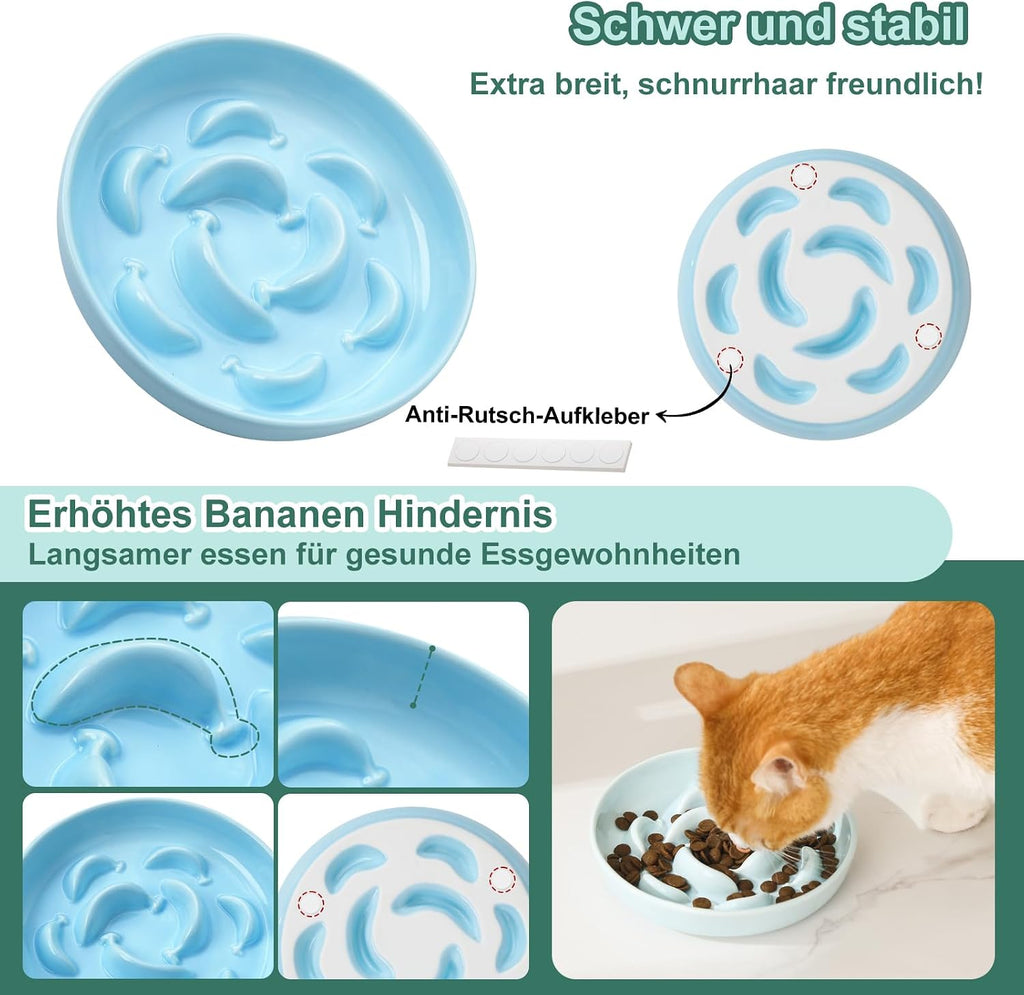 Ceramic Slow Feeder Cat Bowl, 6.3'' Wide Whisker Friendly Cat Puzzle Feeder | Slow Eating 5x, Anti Vomit Shallow Slow Eating Cat Dish for Dry and Wet Food, Microwave and Dishwasher Safe, 6.3" X 1.2"