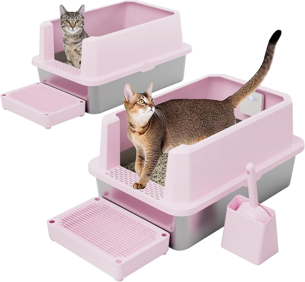 RIZZARI High-Sided Large Cat Litter Box: 2-Pack for Multi-Cat Use | 304 Steel Odor-Resistant Tray / 6.5" High Splash Guard / Dual Anti-Tracking / Built-In Deodorizer / Spacious for Large Breeds
