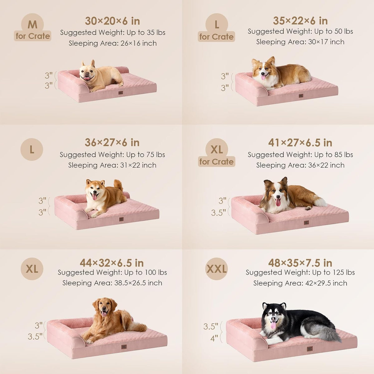 EHEYCIGA Memory Foam Dog Bed Large Size Dogs, Orthopedic Dog Bed Large with Washable Removable Cover, Waterproof Pet Sofa Couch with Nonskid Bottom, 36x27x6, Pink
