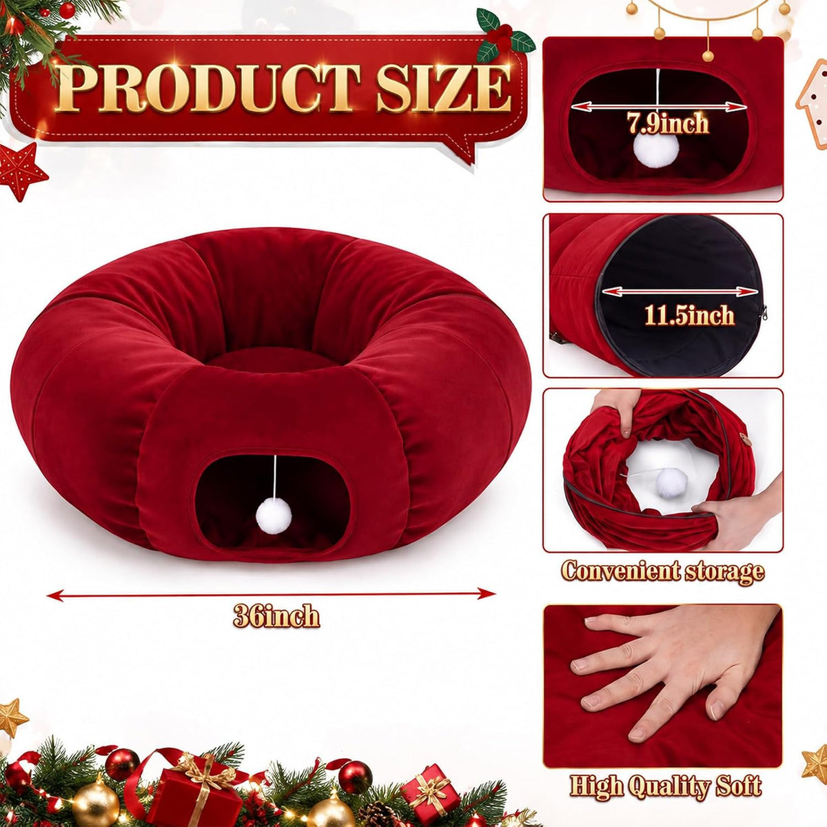 Christmas Tree Cat Tunnel 36 in Donut Bed, Red, Velvet, Fluffy