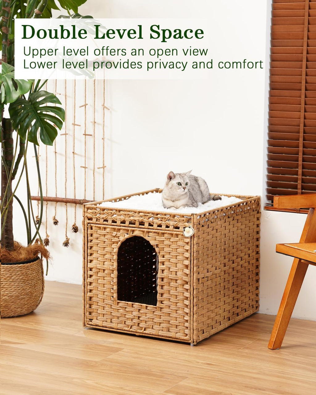 SETVSON Cat Litter Box Enclosure Furniture, Large PE Rattan Cabinet,Natural