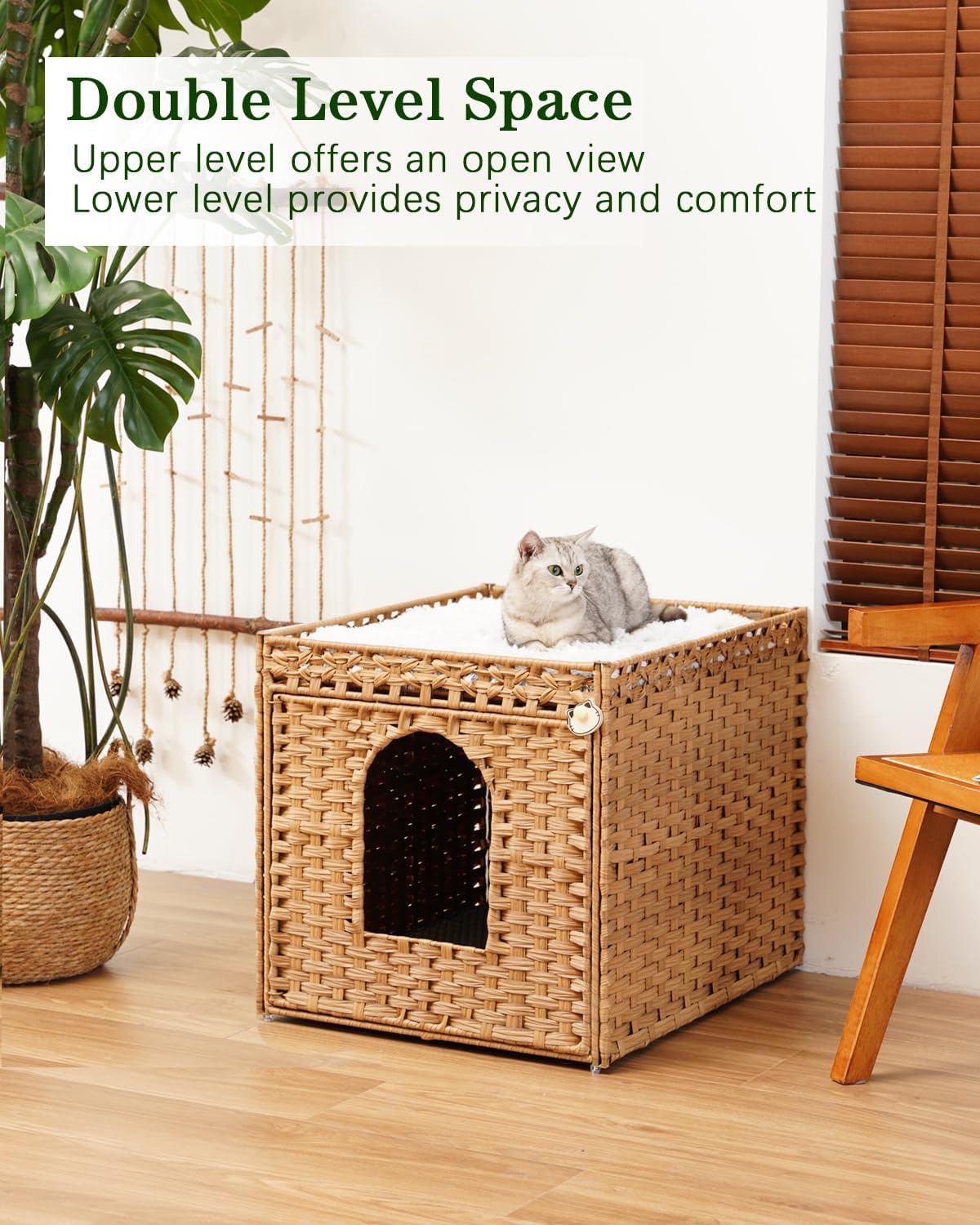 SETVSON Cat Litter Box Enclosure Furniture, Large PE Rattan Cabinet,Natural