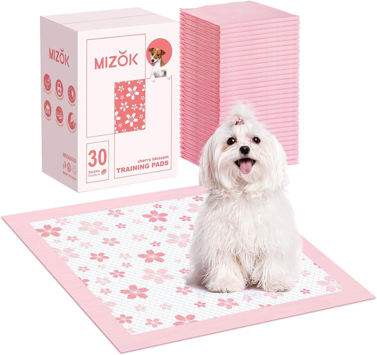MIZOK Pink Puppy Pads with Adhesive Tabs Wee Wee Pads for Dogs 22x22in 30Ct | Cute Cherry Blossom Designs Feature Pheromone Attractant for Fast Training Small Dog Potty Pads Ideal for Female Puppy Needs