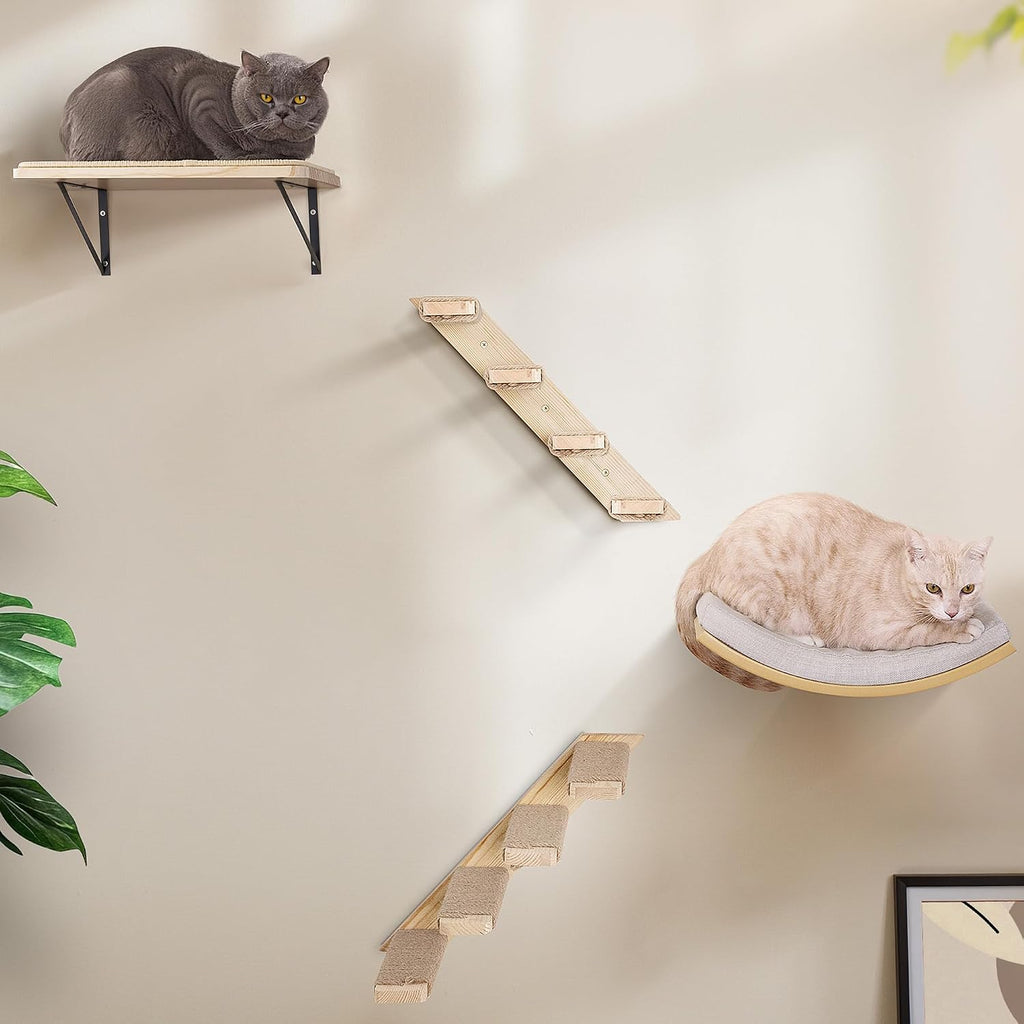 Wooden Cat Wall Steps Shelves Set, Wall Mounted Cats Shelves with Foam Cushion Bed, Flat Perch & 2 Four-Step Cat Ladders for Climbing