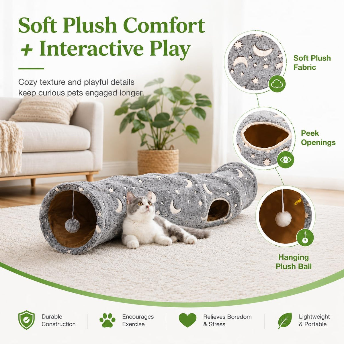 Cat Tunnel Tube with Plush Ball Toys Collapsible Self-Luminous Photoluminescence, for Small Pets Bunny Rabbits, Kittens, Ferrets,Puppy and Dogs Grey Moon Star (S-Shape)
