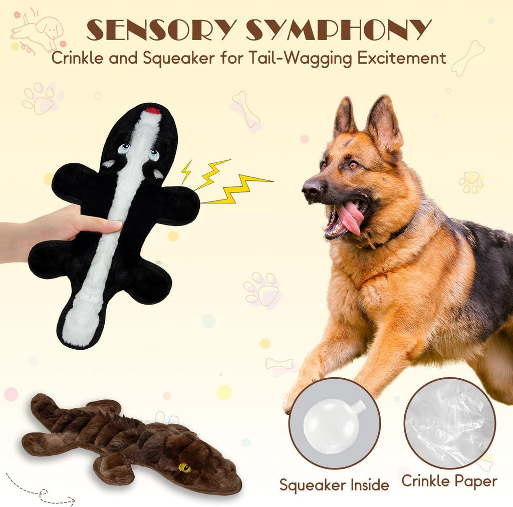 No Stuffing Dog Squeak Toys, 2 Pack Chew Toys with Crinkle to Keep Them Busy, Plush Puppy Teething Toys for Indoor & Outdoor Play, Best Birthday Gift for Large Breed