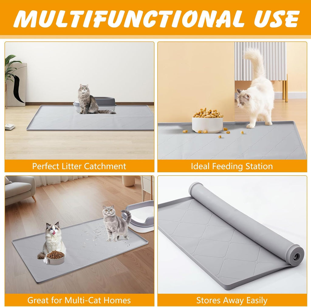 Large Cat Litter Mat 40x22 in, Waterproof Silicone, Gray | Extra large for litter box or feeding area, raised edges, silicone easy rinse-clean surface