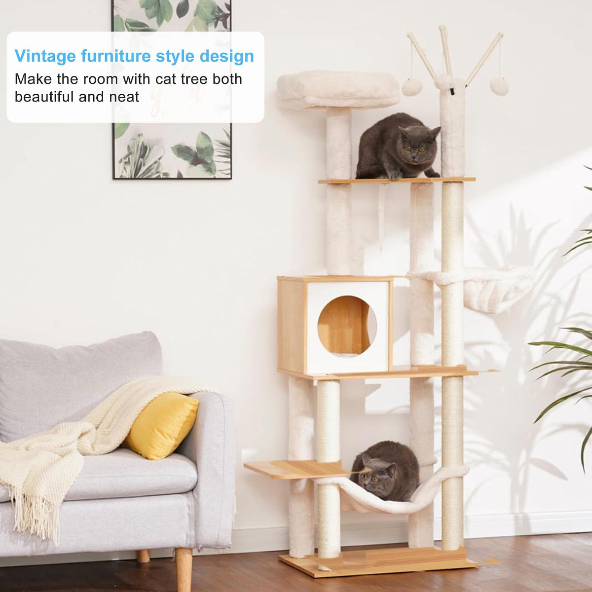 Hey-brother Wooden Cat Tree Tower with Hammock for Indoor Cats, MPJ120WB