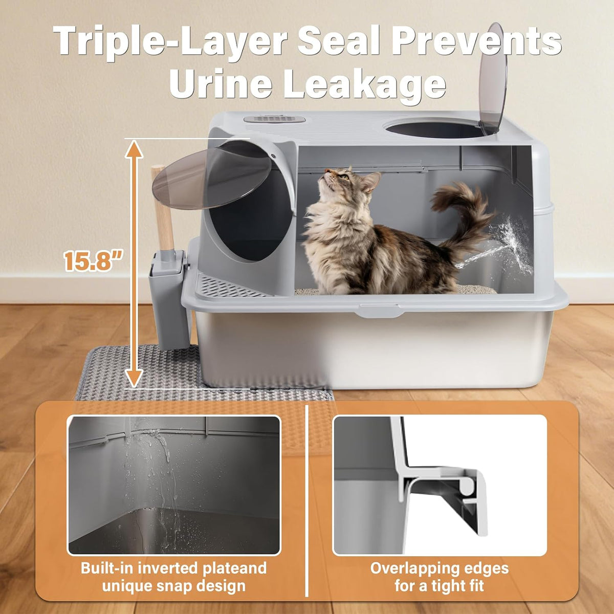 Stainless Steel Litter Box with Lid, XL Large Enclosed Cat Litter Box | Metal Cat Litter Box for Big Cats with High Sided,Anti-Leakage,Front & Top Entry,Includes Mat & Scoop