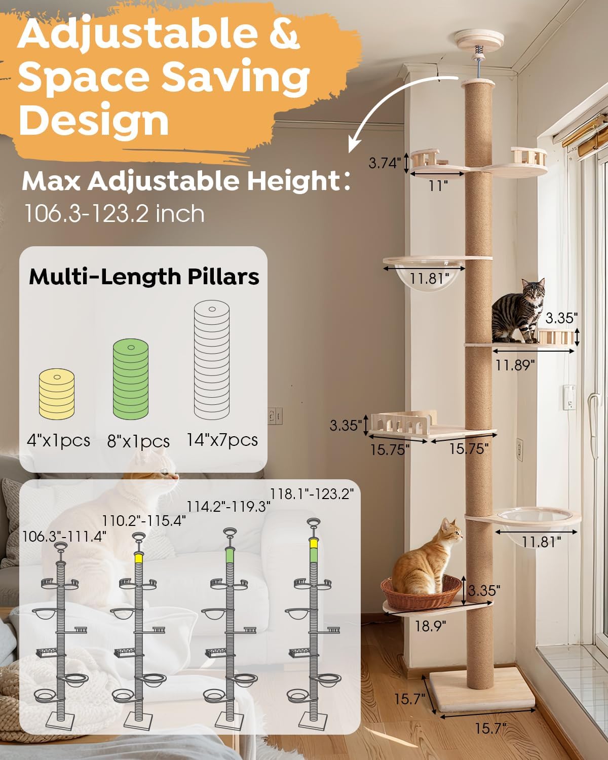 Veehoo Floor to Ceiling Cat Tree,102-122" Adjustable Tall Tension Cat Tower