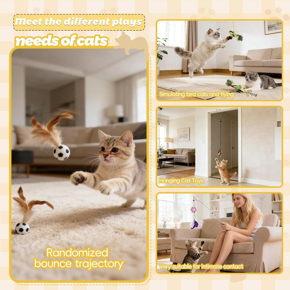 Interactive Cat Toys for Indoor Cats - 3-in-1 Feather Wand Cat Toy Set with Door Frame Hanging Cat Toy, Floor Feather Ball and Replaceable Feather & Tassel Teaser Heads